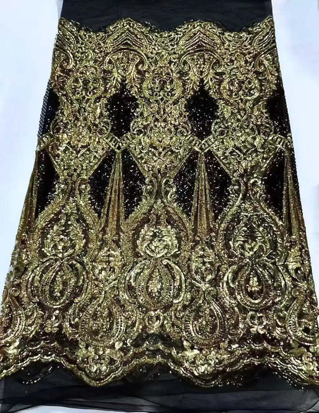 Tissu dentelle brodé noir et doré – Fête & Couture