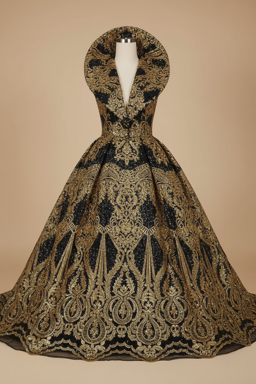 Tissu dentelle brodé noir et doré – Fête & Couture
