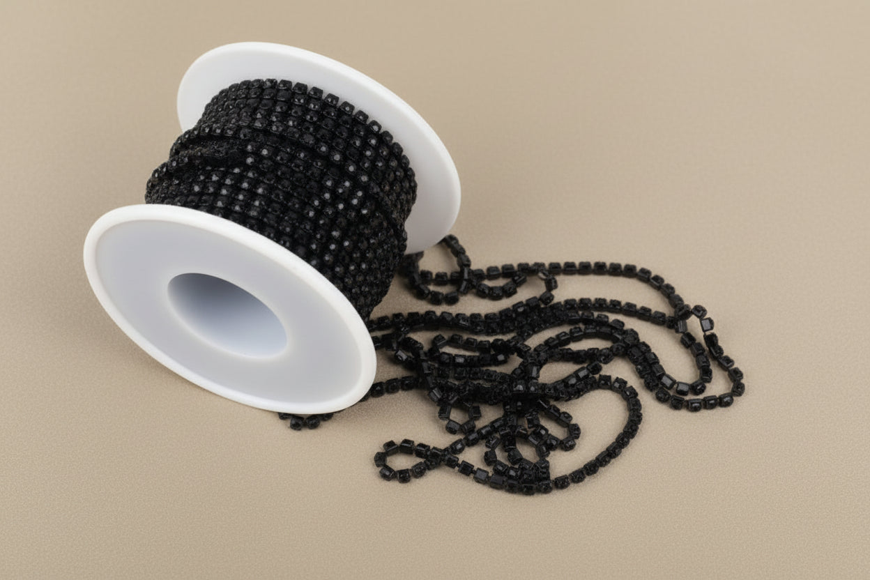 présentation de chaine de strass noire sur bobine , a griffe noire 