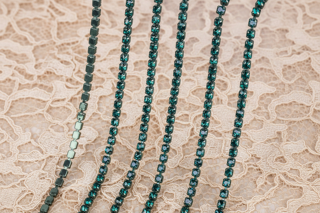 chaine de strass vert-émeraude a griffe vert