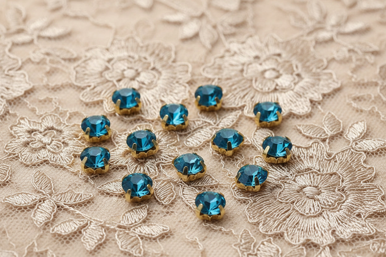 strass turquoise profond, griffe en métal doré a coudre 