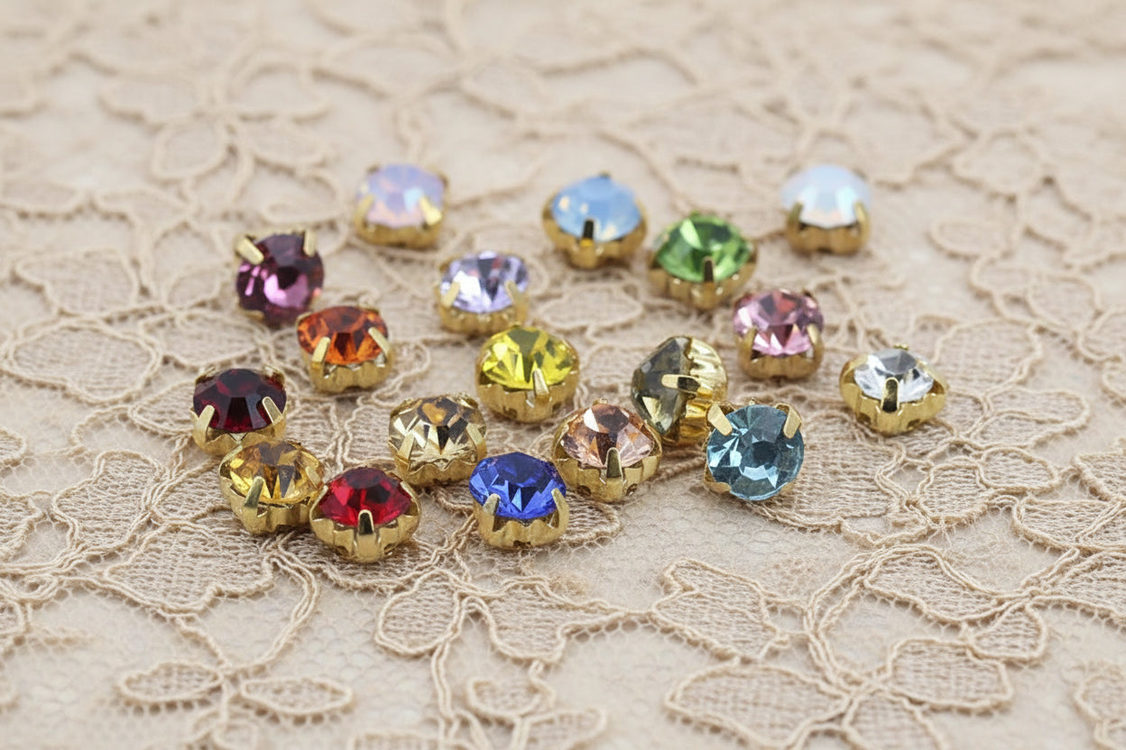 présentation de strass et c'est couleur, griffe en métal doré à coudre