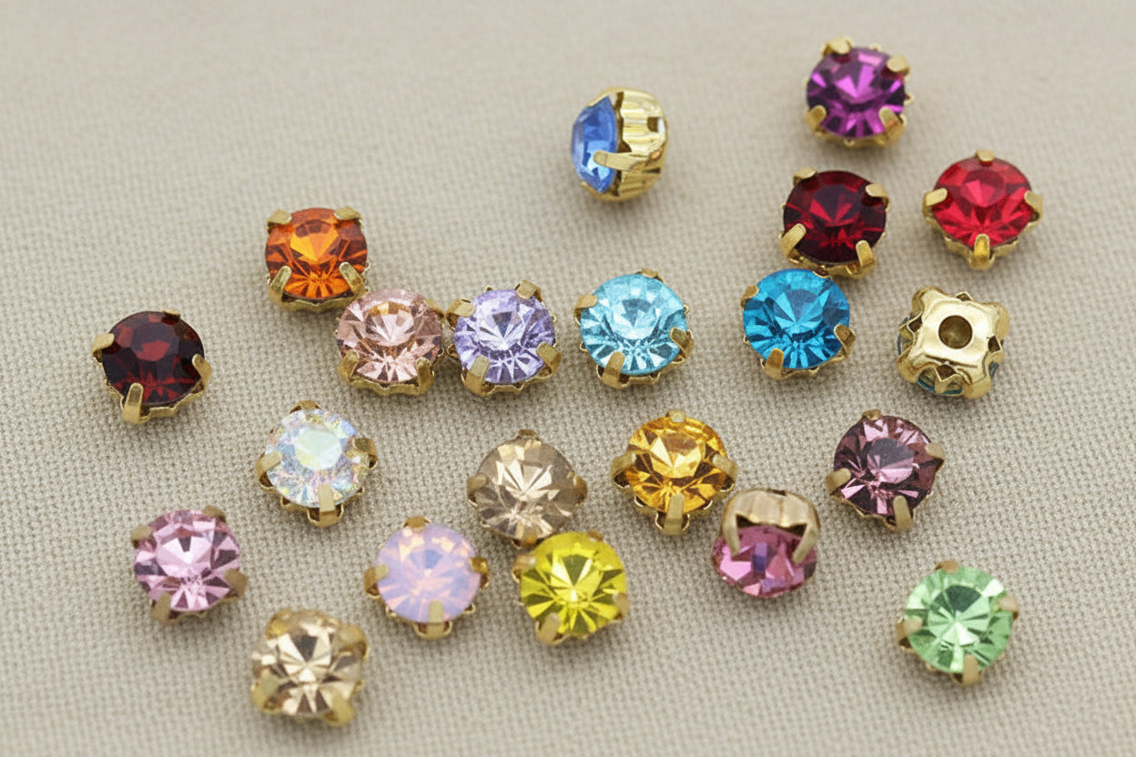 présentation de strass et c'est couleurs, griffe en métal doré a coudre
