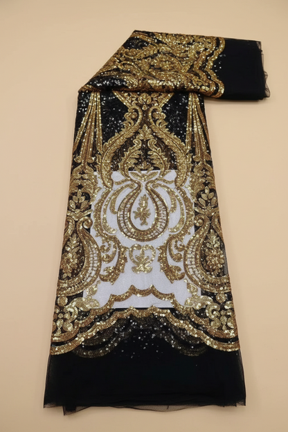 Tissu dentelle brodé noir et doré – Fête & Couture